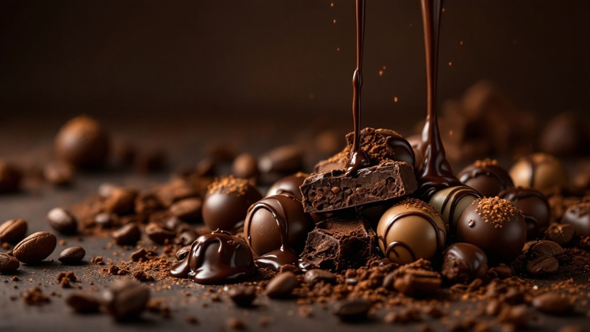 Zartschmelzende dunkle Schokolade mit Pralinen und Kakao Zartschmelzende dunkle Schokolade mit Pralinen und Kakao